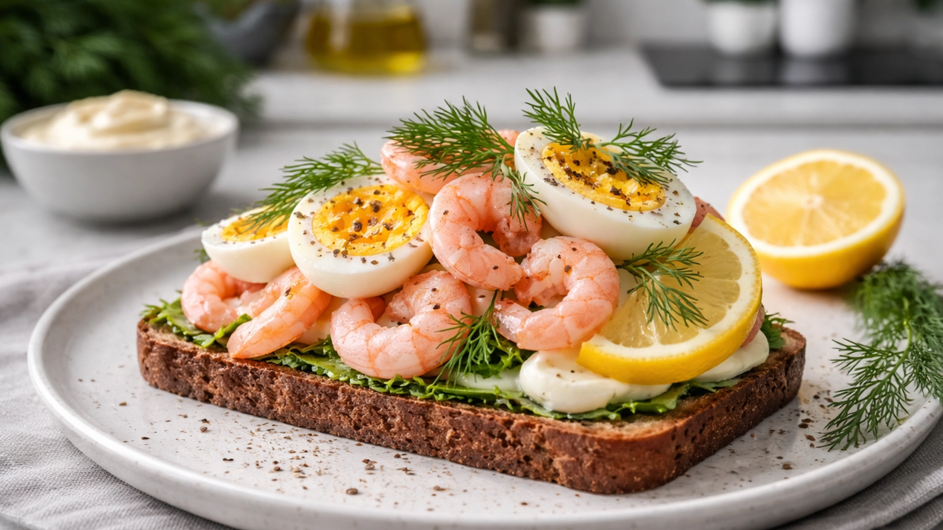Фото блюда: Смёрребрёд с креветками и яйцом рецепт датского открытого бутерброда