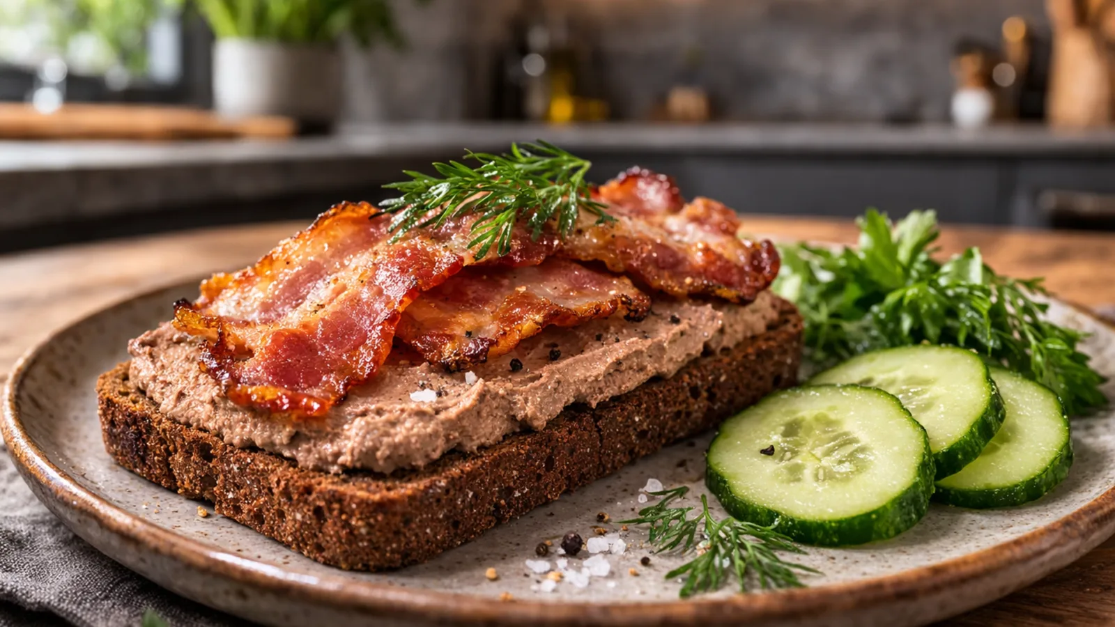 Фото блюда: Смёрребрёд с печёночным паштетом и беконом рецепт датского открытого бутерброда