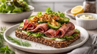 Фото рецепта: Смёрребрёд с ростбифом и маринованными огурцами рецепт датского открытого бутерброда