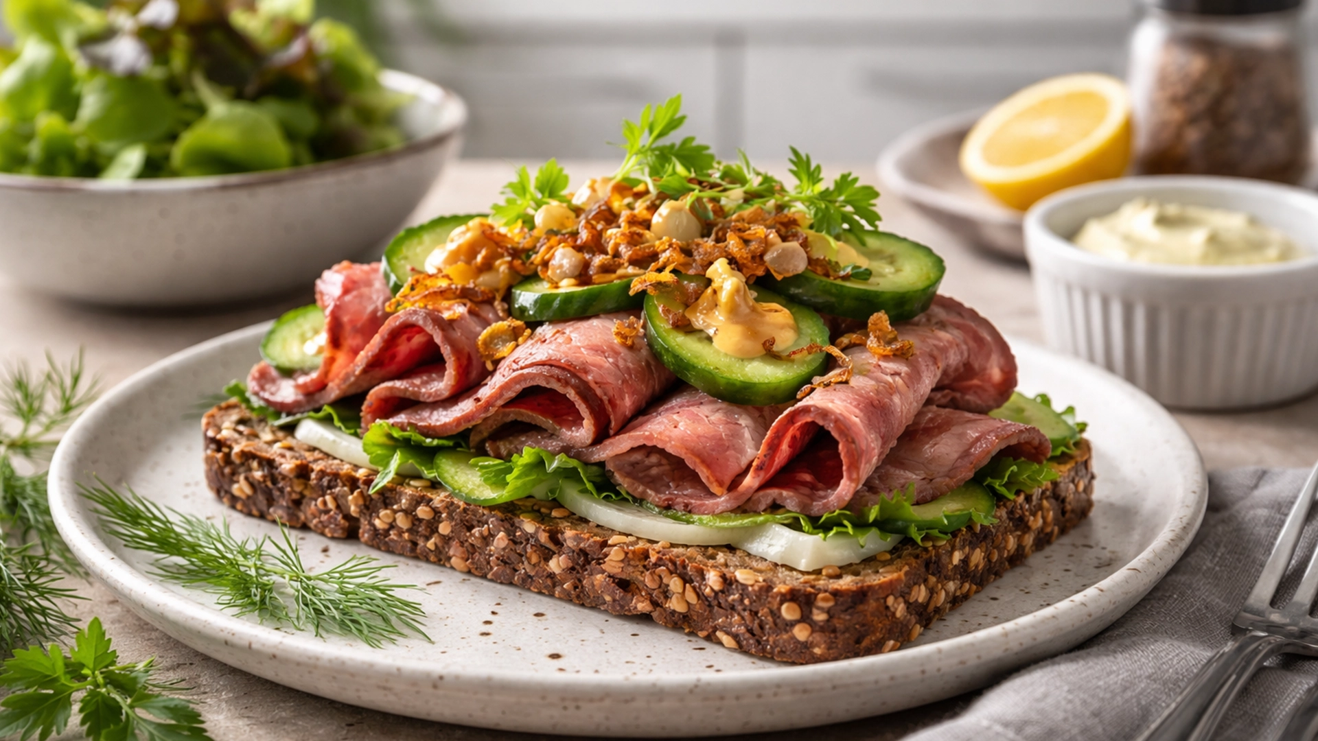 Фото блюда: Смёрребрёд с ростбифом и маринованными огурцами рецепт датского открытого бутерброда