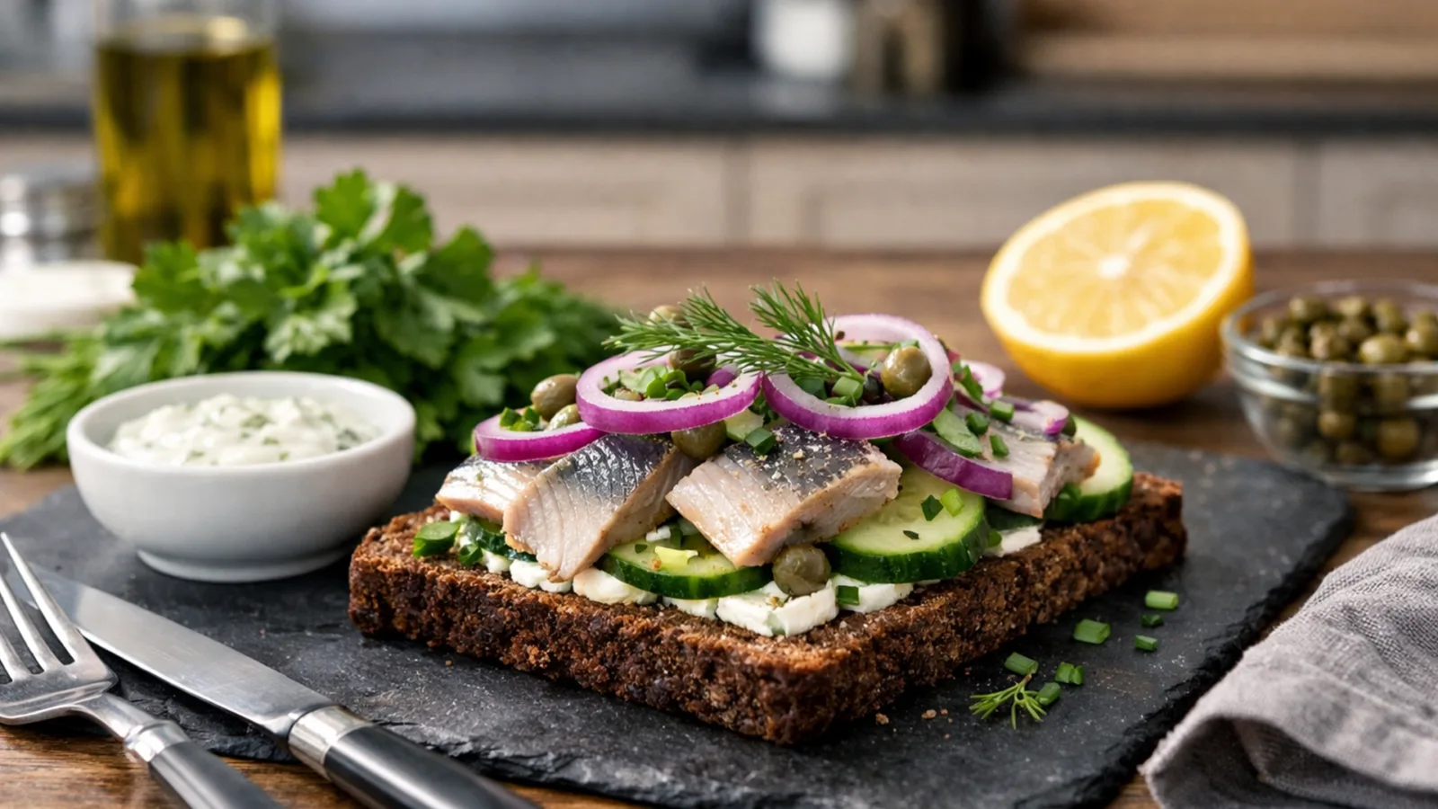 Фото блюда: Смёрребрёд с сельдью и красным луком рецепт датского открытого бутерброда