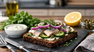 Фото рецепта: Смёрребрёд с сельдью и красным луком рецепт датского открытого бутерброда