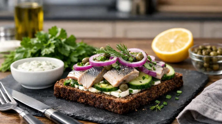 Фото блюда: Смёрребрёд с сельдью и красным луком рецепт датского открытого бутерброда