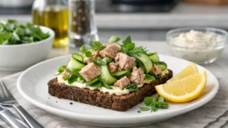 Фото рецепта: Смёрребрёд с тунцом и огурцом рецепт датского открытого бутерброда