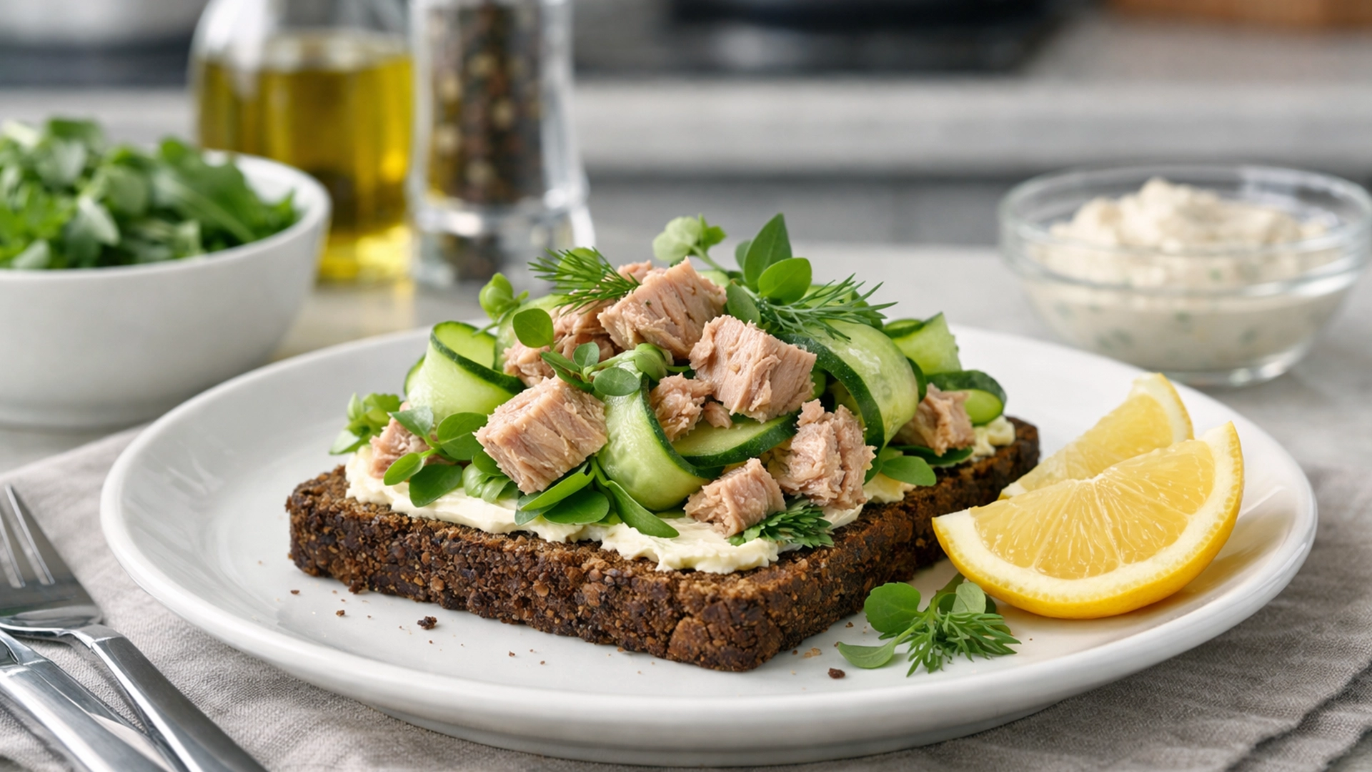 Фото блюда: Смёрребрёд с тунцом и огурцом рецепт датского открытого бутерброда