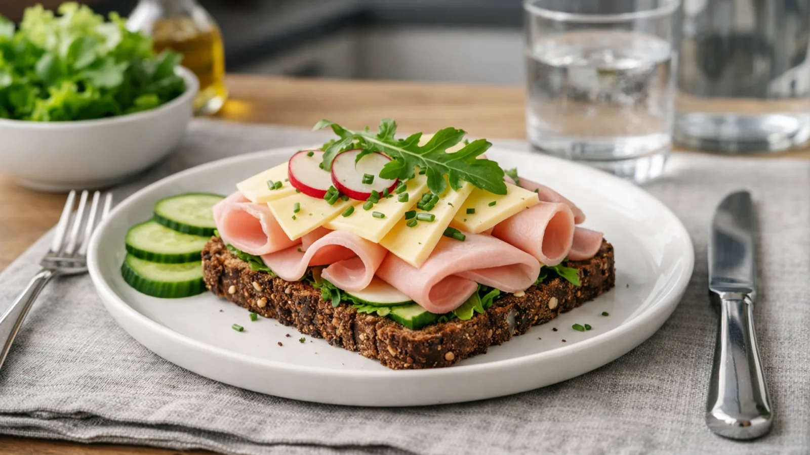 Фото блюда: Смёрребрёд с ветчиной и сыром рецепт датского открытого бутерброда