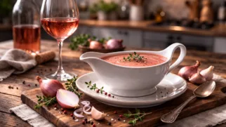 Фото рецепта: Нежный винный соус из розового полусухого вина для мяса и птицы