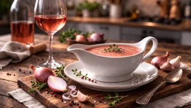 Фото рецепта: Нежный винный соус из розового полусухого вина для мяса и птицы