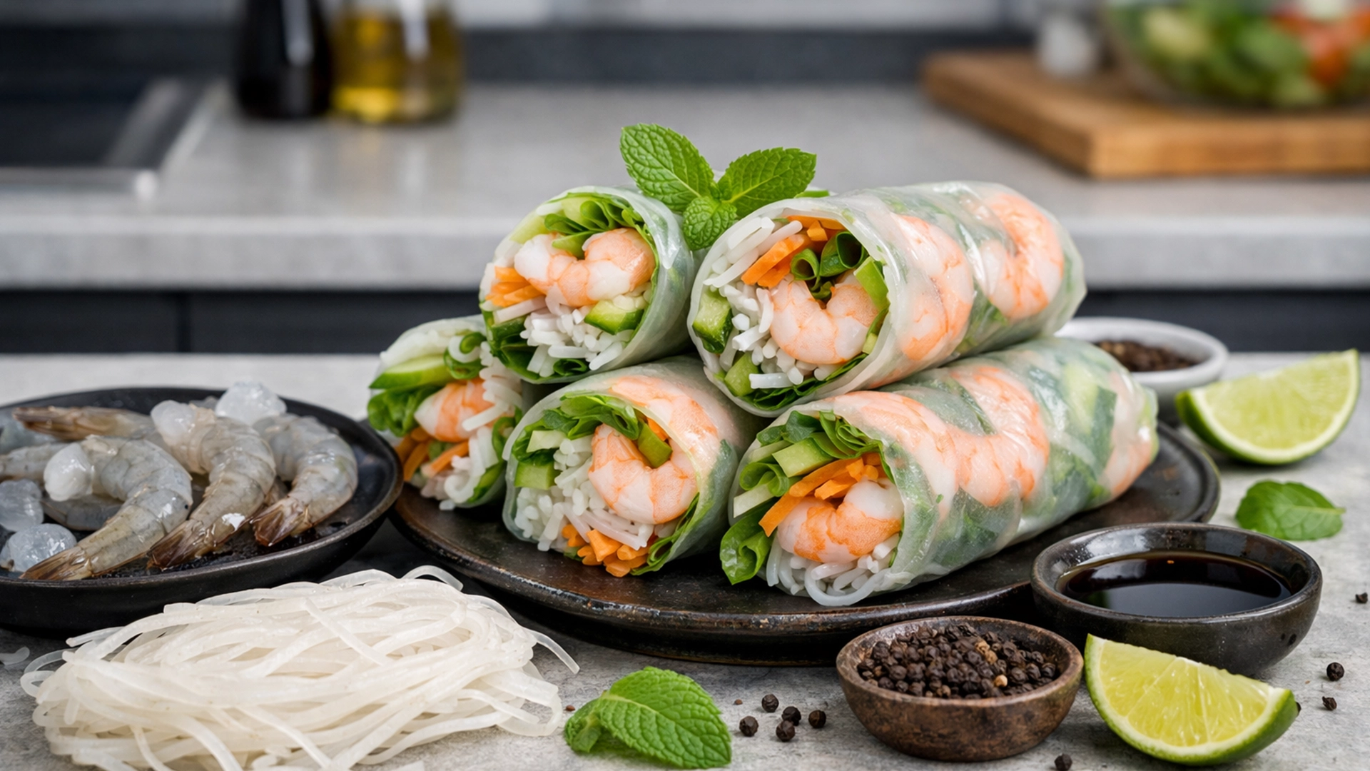 Фото блюда: Спринг роллы с креветками свежими овощами и рисовой лапшой