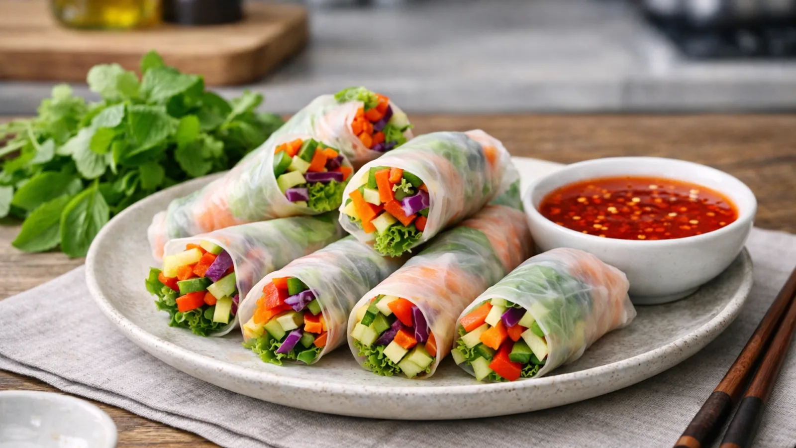 Фото блюда: Спринг роллы с овощами и соусом чили рецепт хрустящей закуски паназиатской кухни