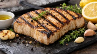 Фото рецепта: Ароматный стейк из акулы на гриле с лимоном и травами