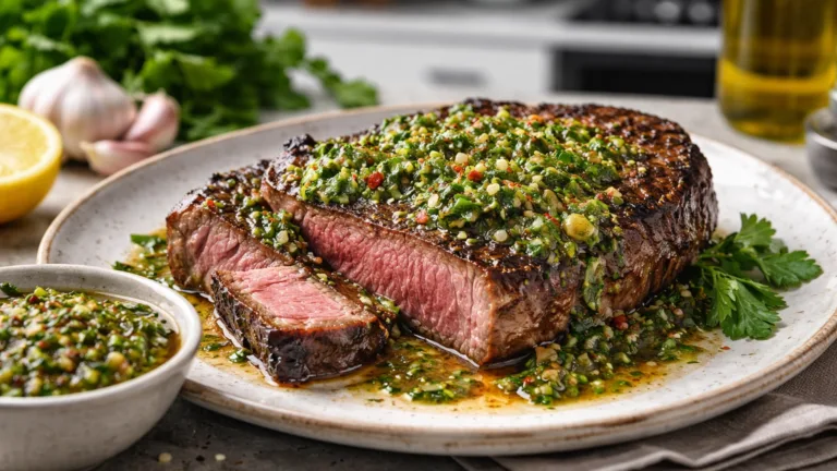 Фото блюда: Аргентинский стейк из говядины с ярким соусом чимичурри