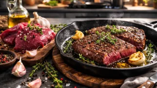 Фото рецепта: Сочный стейк из страуса на сковороде с ароматным тимьяном