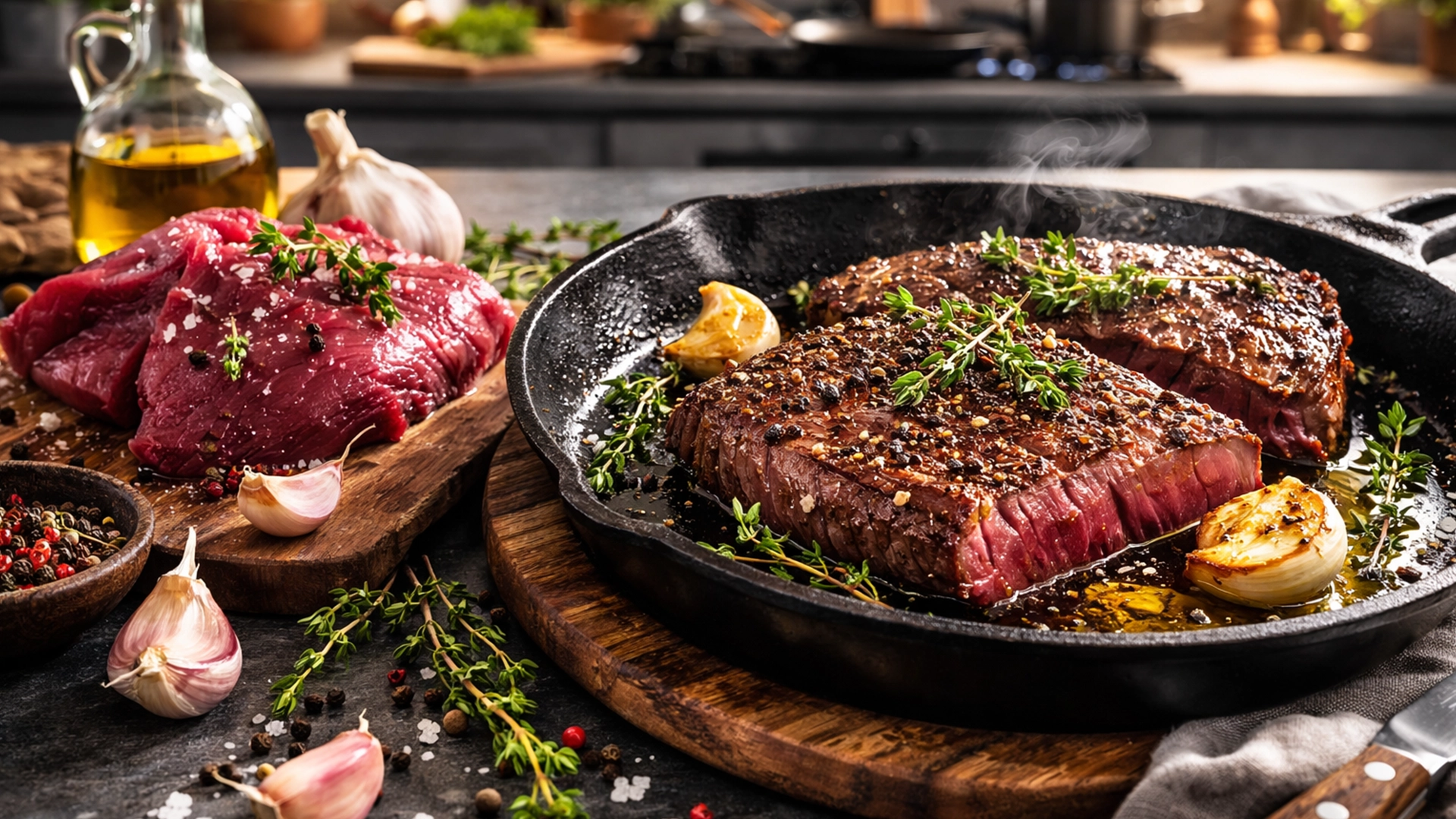 Фото блюда: Сочный стейк из страуса на сковороде с ароматным тимьяном