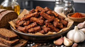 Фото рецепта: Сухарики чесночные из ржаного хлеба с паприкой