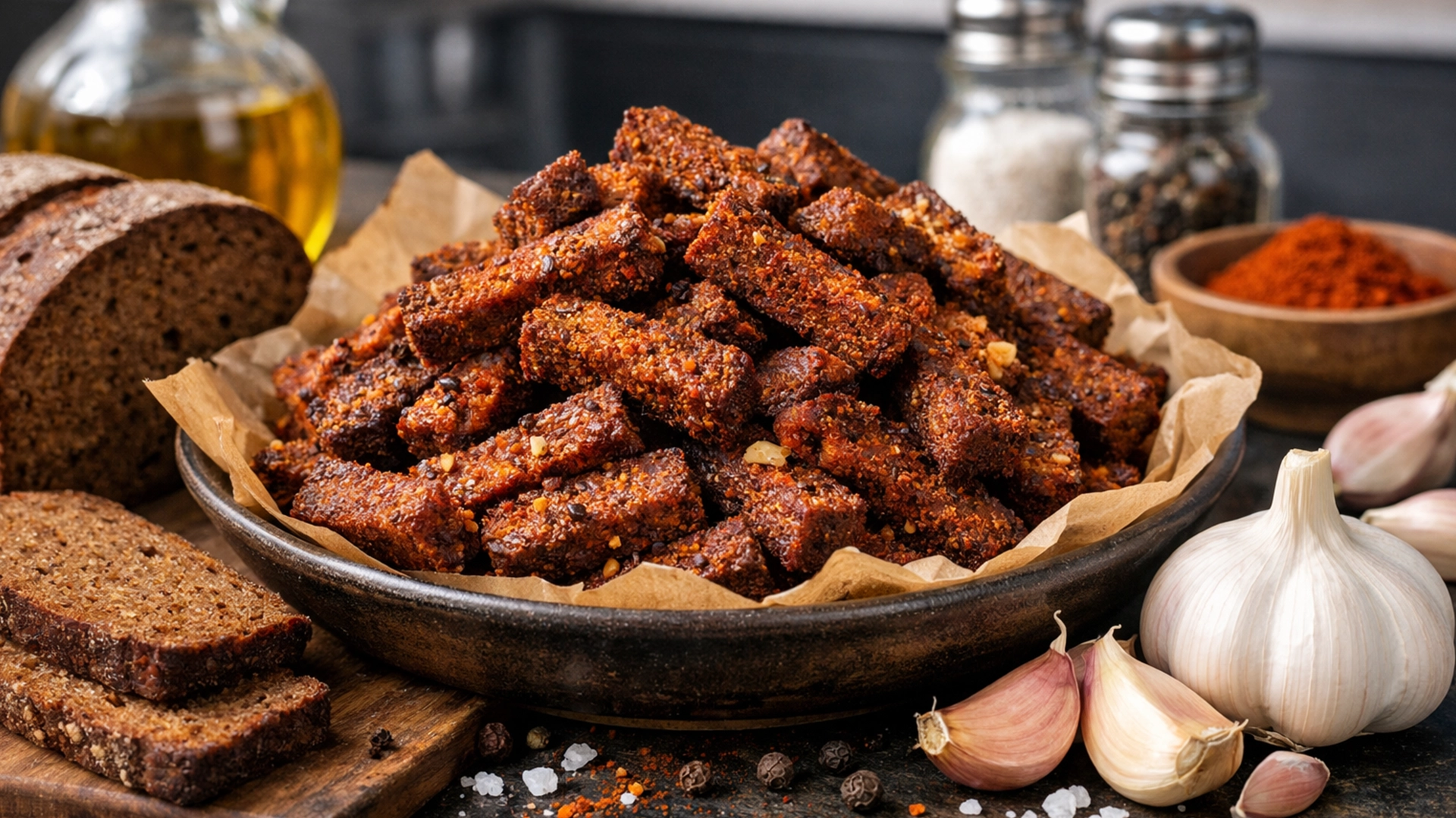 Фото блюда: Сухарики чесночные из ржаного хлеба с паприкой