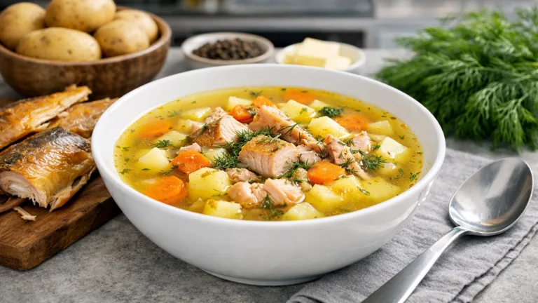Фото блюда: Насыщенный суп из копченой рыбы с картофелем