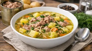 Фото рецепта: Суп на тушенке из свинины с картофелем вермишелью и зеленью