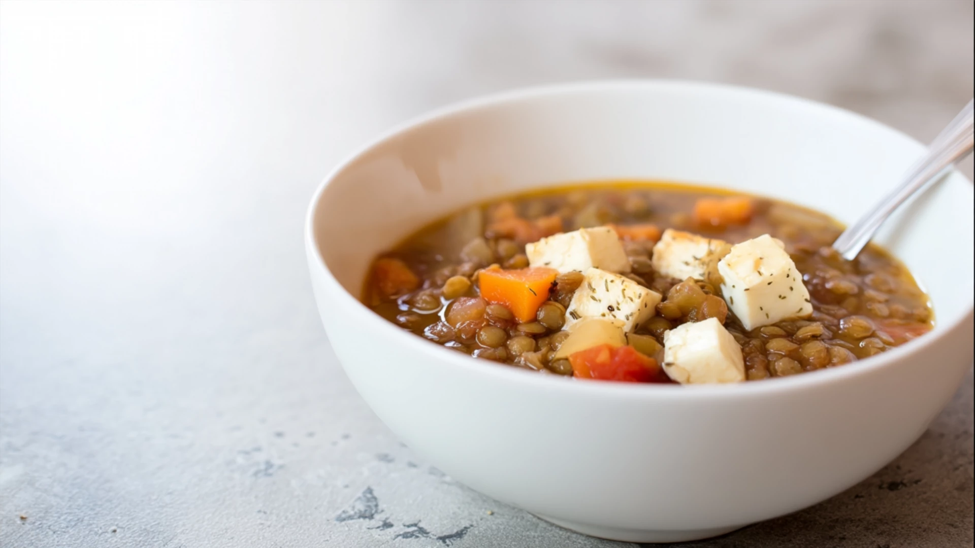 Фото блюда: Согревающий суп с чечевицей и адыгейским сыром для уютного дня