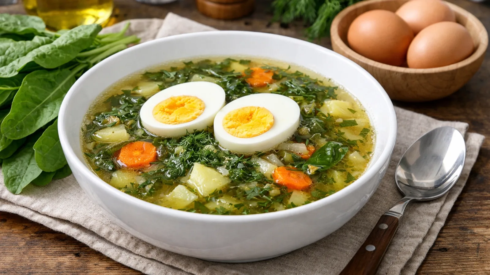Фото блюда: Ароматный щавелевый суп с яйцом и свежей зеленью