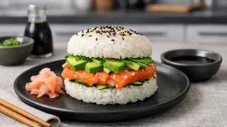 Фото рецепта: Суши бургер с лососем и авокадо в стиле фьюжн кухни