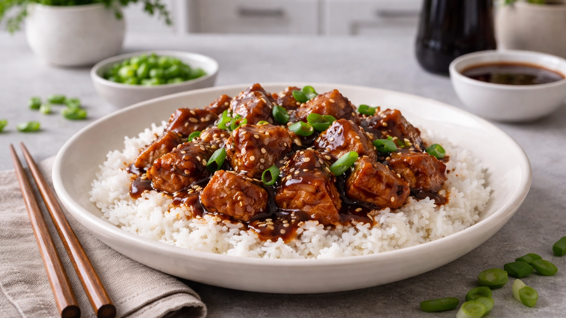 Фото блюда: Свинина в соусе хойсин с рисом рецепт популярного блюда паназиатской кухни