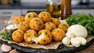 Фото рецепта: Сырные шарики жареные с чесноком и зеленью