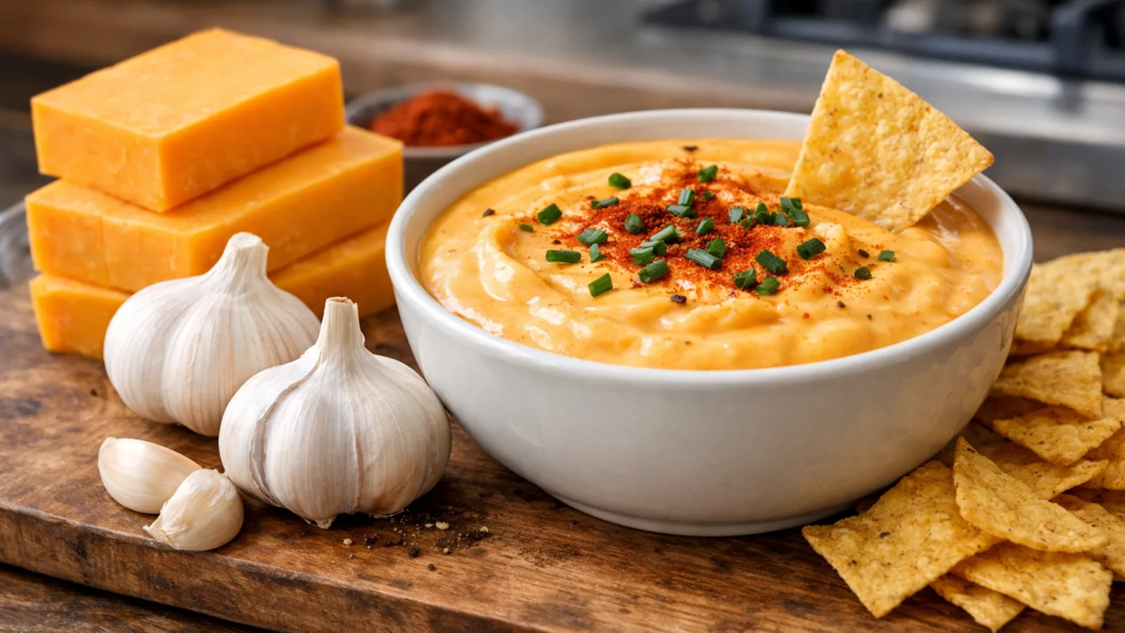 Фото блюда: Сырный дип с чеддером сливками и чесноком