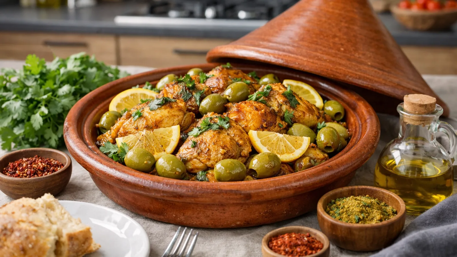 Фото блюда: Тажин из курицы с лимоном и оливками классический рецепт алжирской кухни