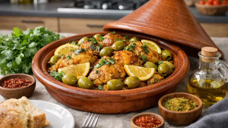 Фото блюда: Тажин из курицы с лимоном и оливками классический рецепт алжирской кухни