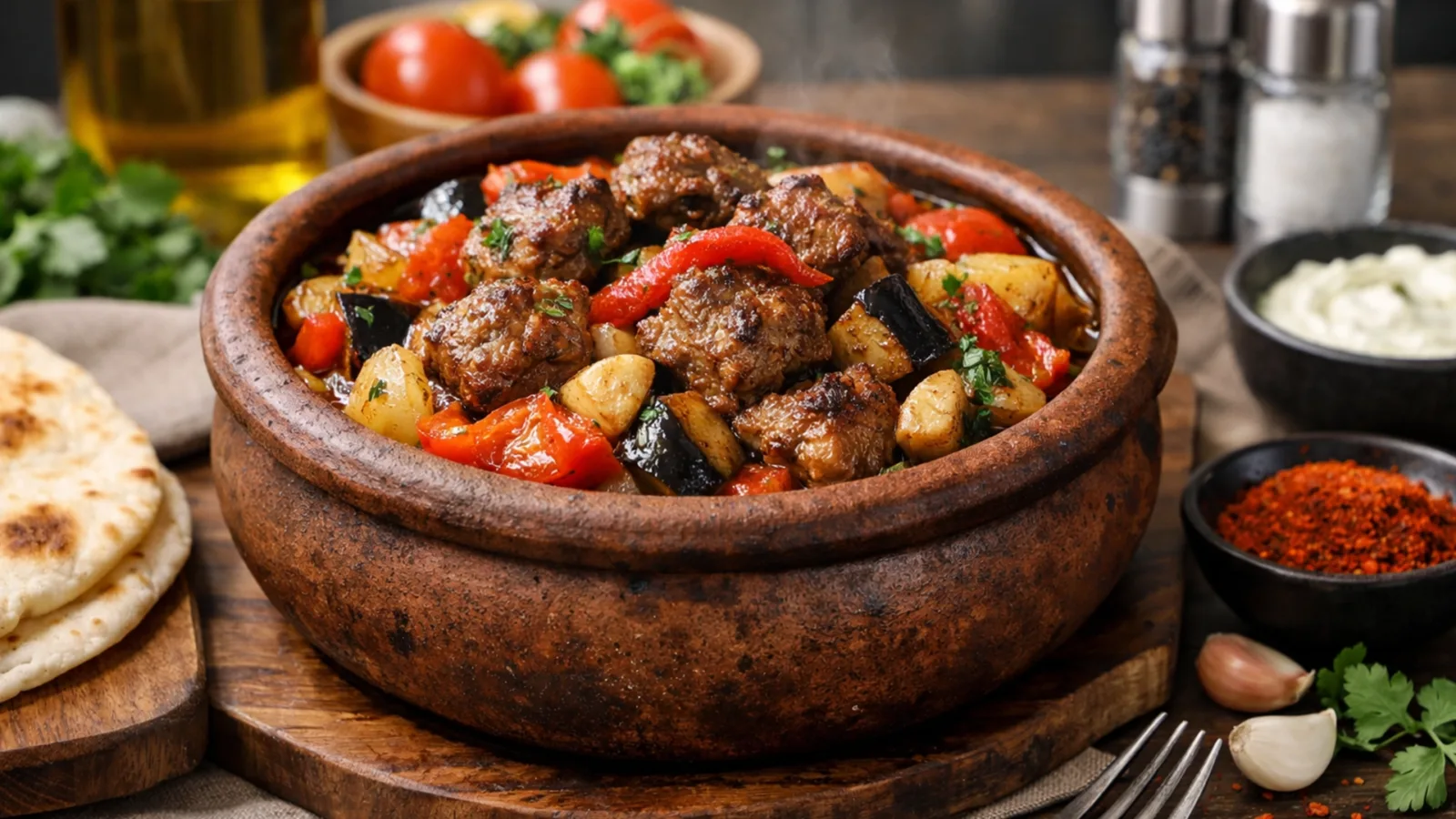 Фото блюда: Тести кебаб из баранины с овощами в глиняном горшке, рецепт с фото