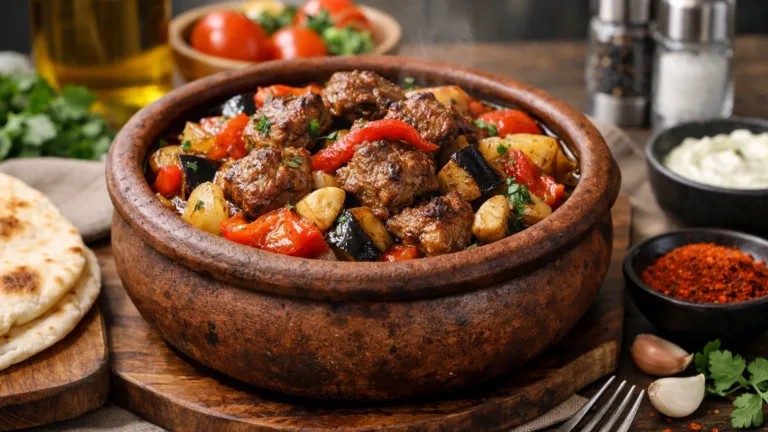 Фото блюда: Тести кебаб из баранины с овощами в глиняном горшке