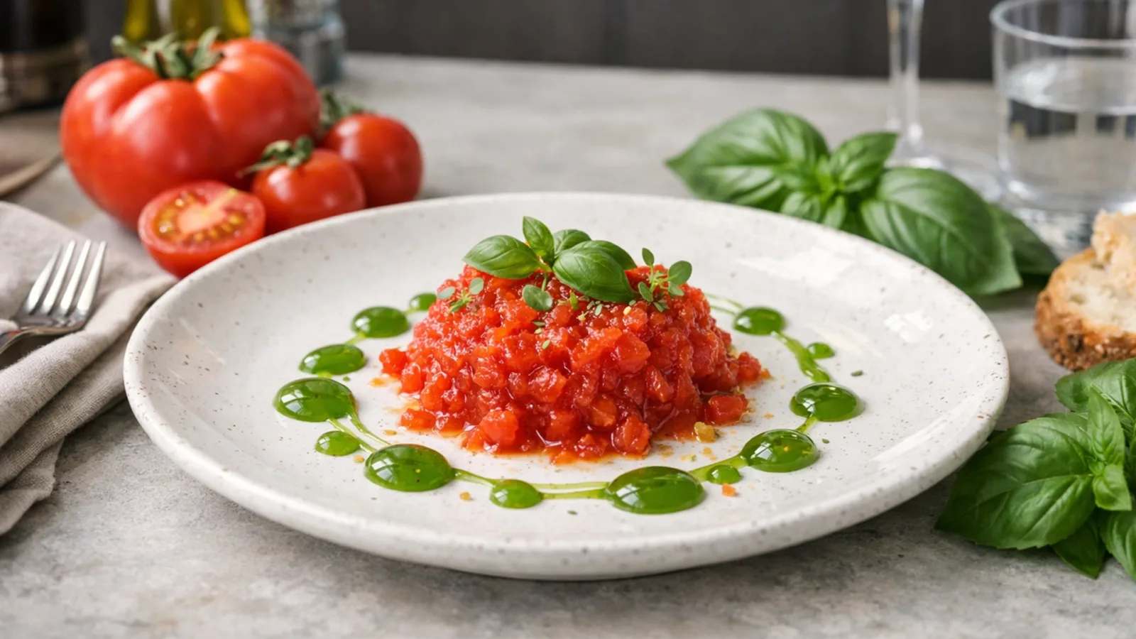 Фото блюда: Томатная икра с базиликовым гелем рецепт закуски молекулярной кухни