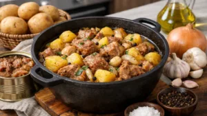 Фото блюда: Тушенка из свинины с картофелем луком и чесноком в казане
