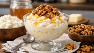 Фото рецепта: Воздушный творожный мусс с медом и жареными орехами