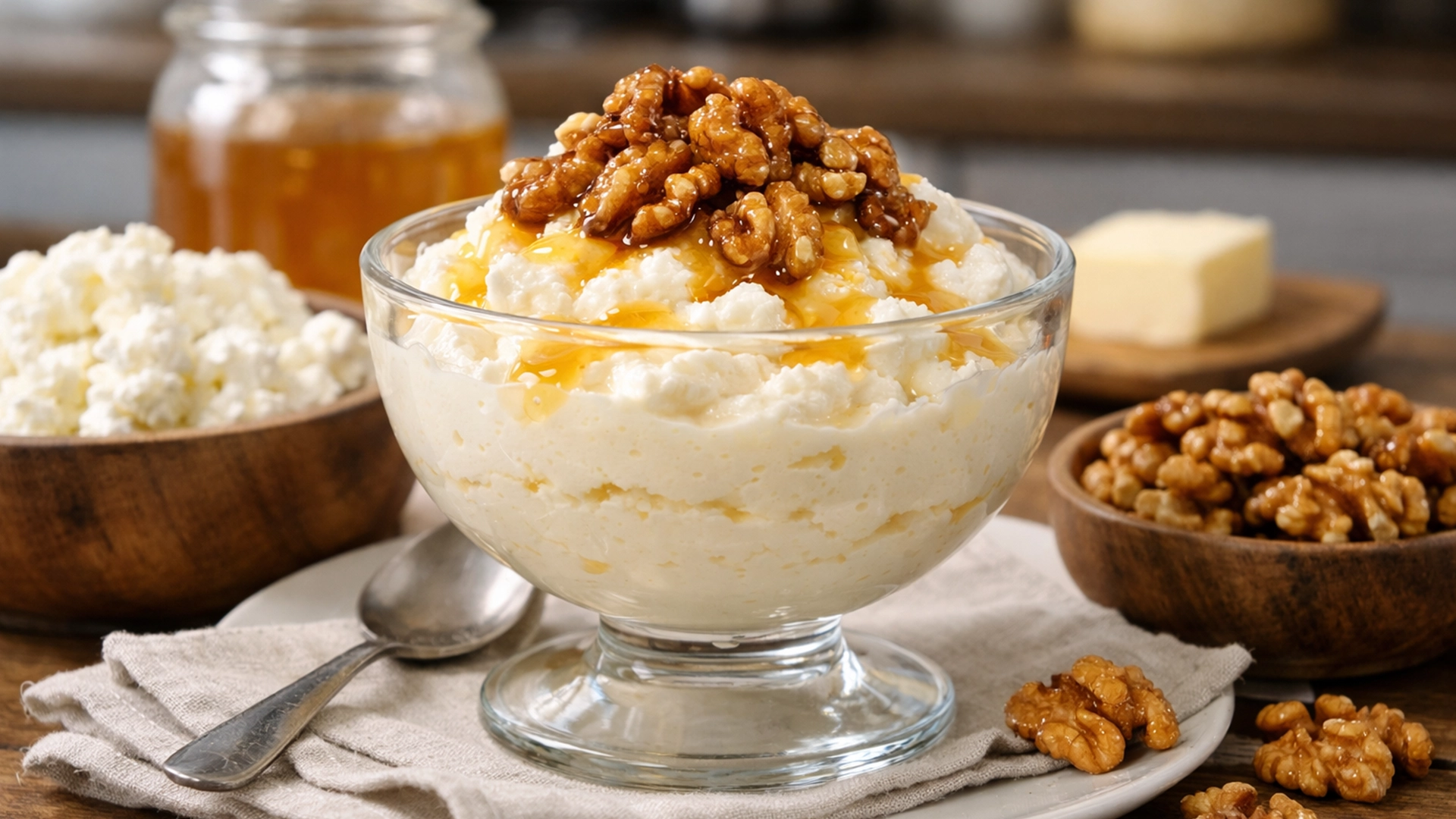 Фото блюда: Воздушный творожный мусс с медом и жареными орехами