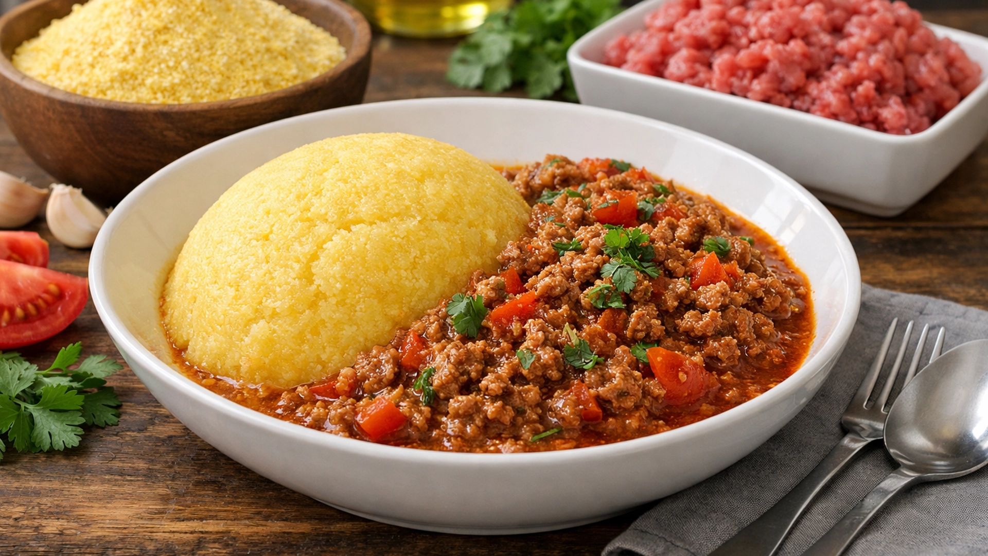 Фото блюда: Сытная угали кукурузная каша с мясным соусом