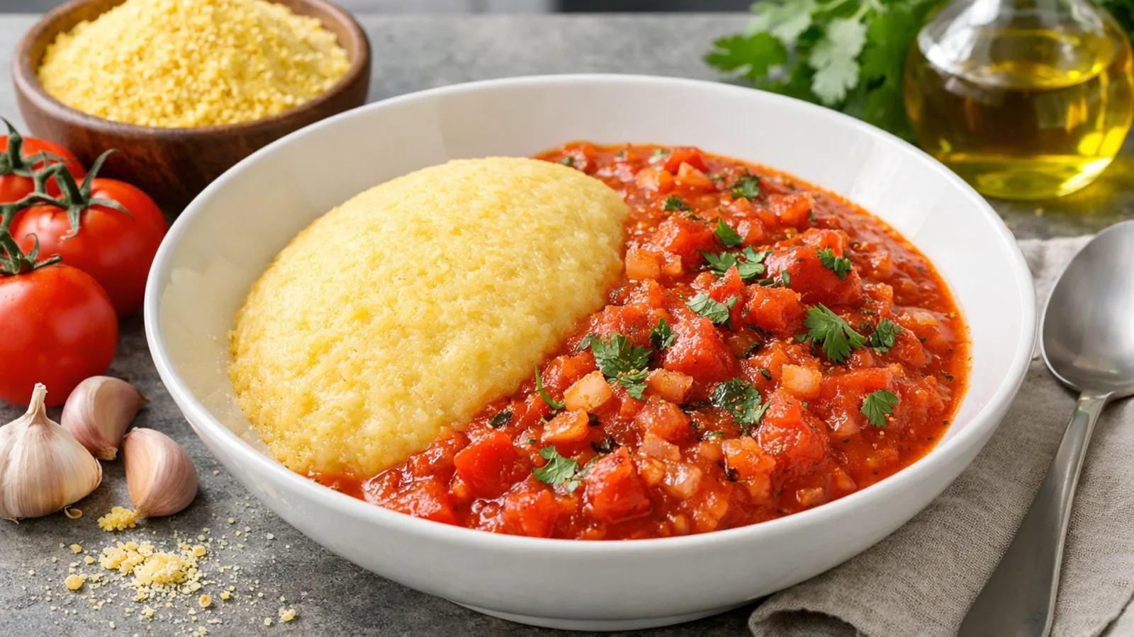 Фото блюда: Сытная угали кукурузная каша с томатным соусом