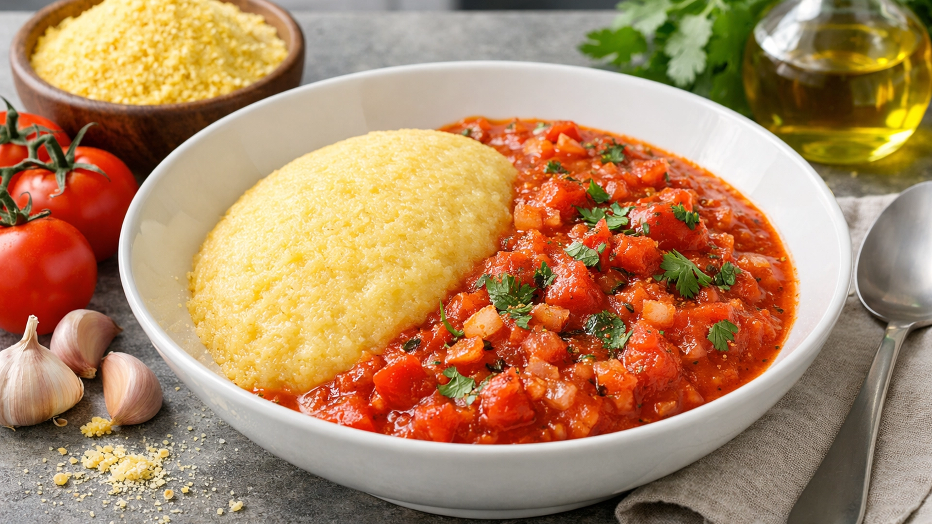 Фото блюда: Сытная угали кукурузная каша с томатным соусом