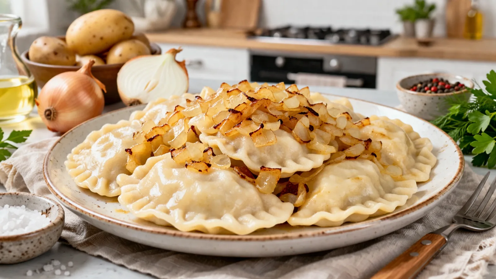 Фото блюда: Сытные вареники с мягкой начинкой и ароматным жареным луком., рецепт с фото