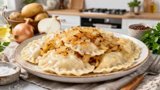 Фото рецепта: Сытные вареники с мягкой начинкой и ароматным жареным луком.