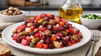 Фото рецепта: Винегрет с маринованными грибами и луком