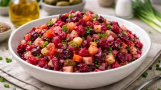 Фото рецепта: Винегрет с солеными огурцами и зеленым луком