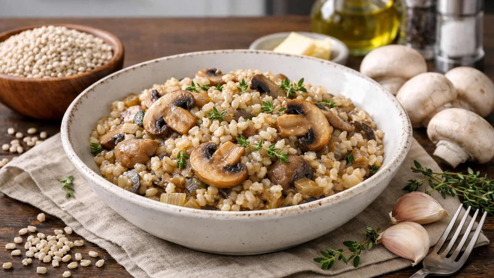 Фото блюда: Сытная ячневая каша с грибами и ароматным тимьяном