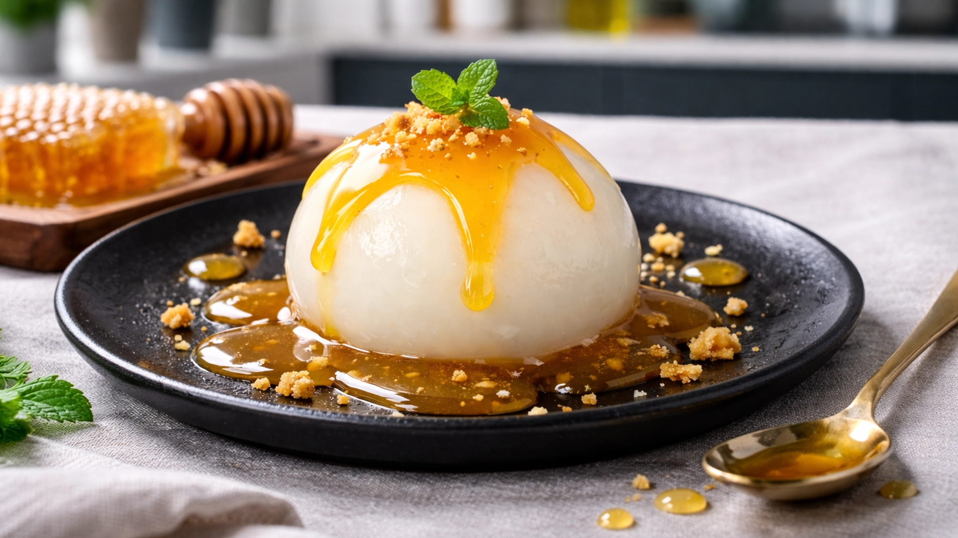 Фото блюда: Йогуртовая сфера с медовым соусом рецепт десерта молекулярной кухни