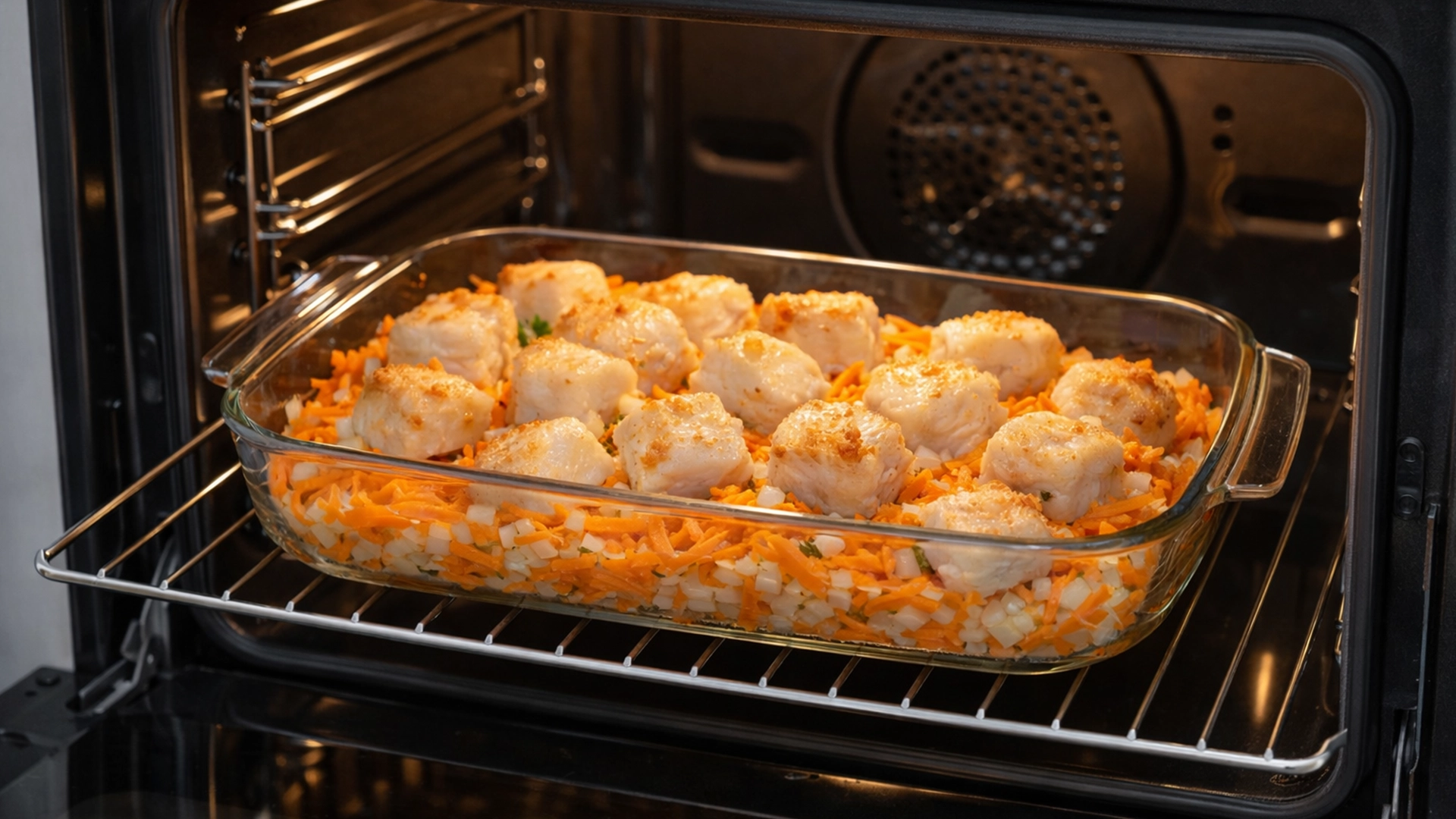 Минтай запекается в духовке с овощами