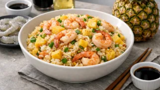 Фото рецепта: Ароматный жареный рис с ананасом и креветками