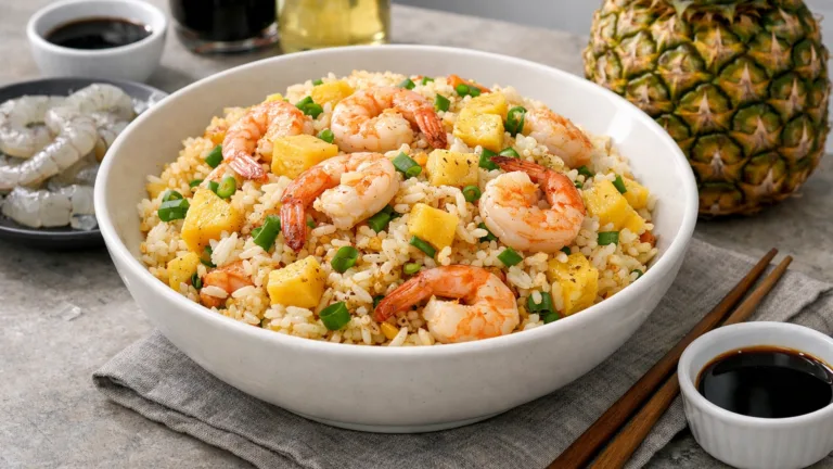 Фото блюда: Ароматный жареный рис с ананасом и креветками