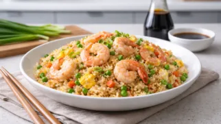 Фото рецепта: Жареный рис с креветками и яйцом рецепт паназиатского блюда