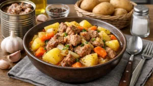 Фото блюда: Жаркое из тушенки из свинины с картофелем морковью и луком